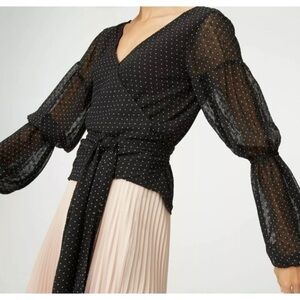 Club Monaco Women's Darlana Black Polka Dot Long Sleeve Wrap Blouse Top
